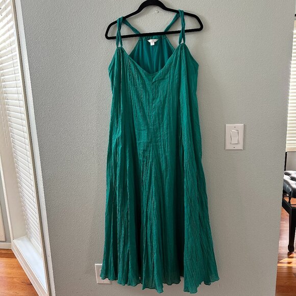 Garnet Hill 100% Cotton Maxi Dress Women's SMALL Emerald Green Crinkle - Picture 1 of 5